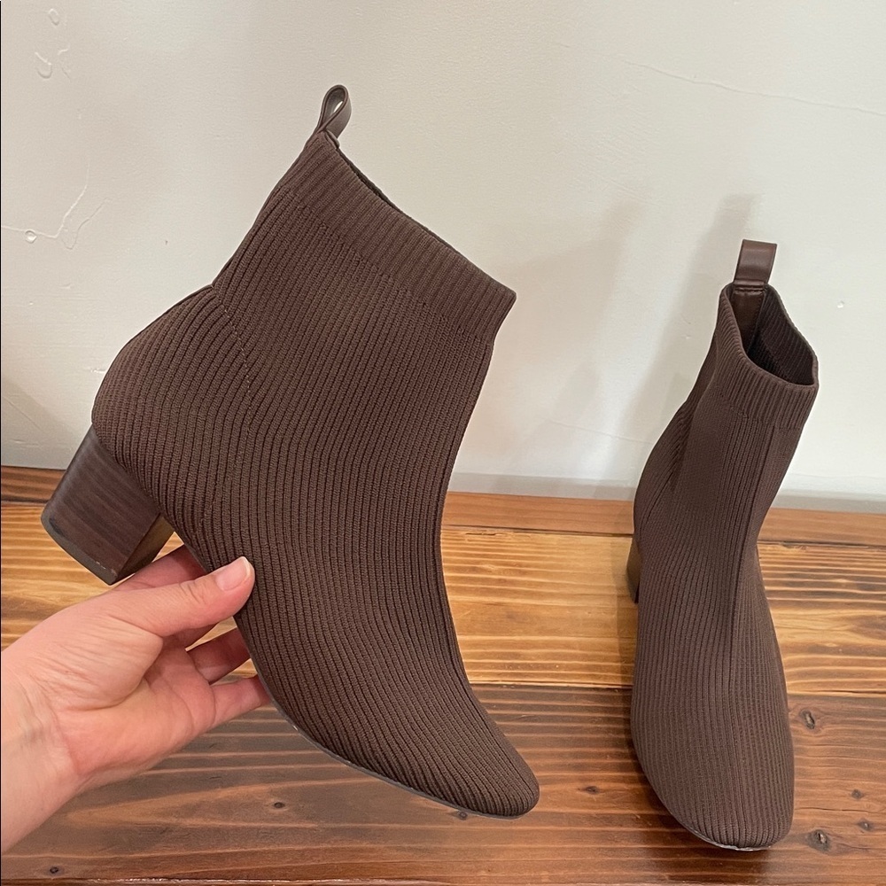 Joie Neely Ribbed Knit Sock Booties Ankle Block Heel Chocolate Brown Women's 10